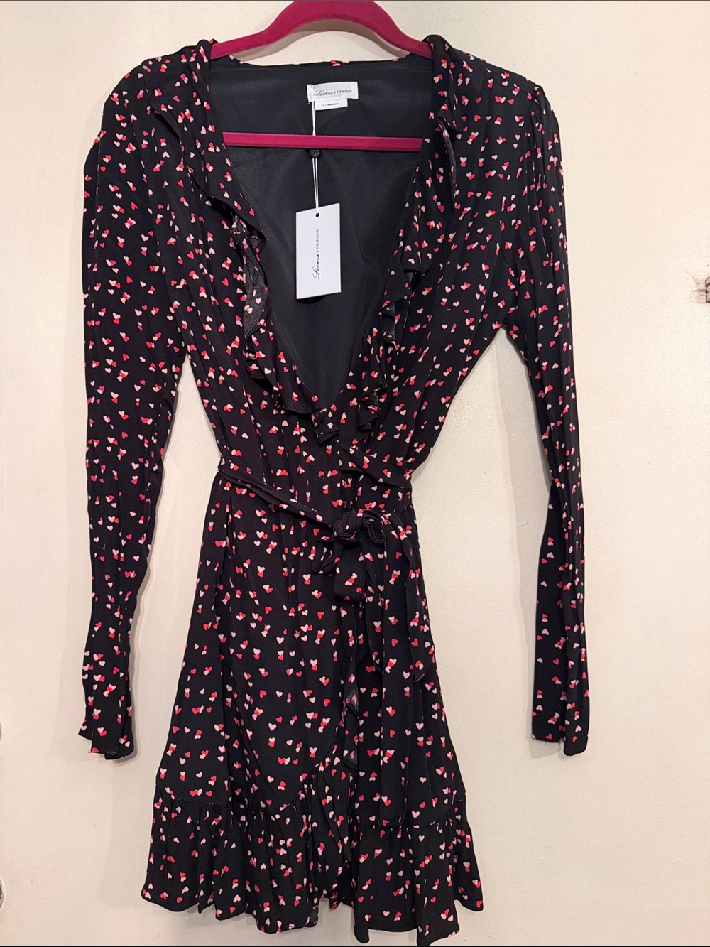 NWT - LOVERS + FRIENDS Black Long-Sleeve Wrap Dress with Pink Heart Print. sz.S